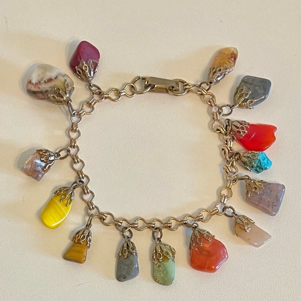 Vintage Multi Color Stone Charm Bracelet Gold Tone 7" Length